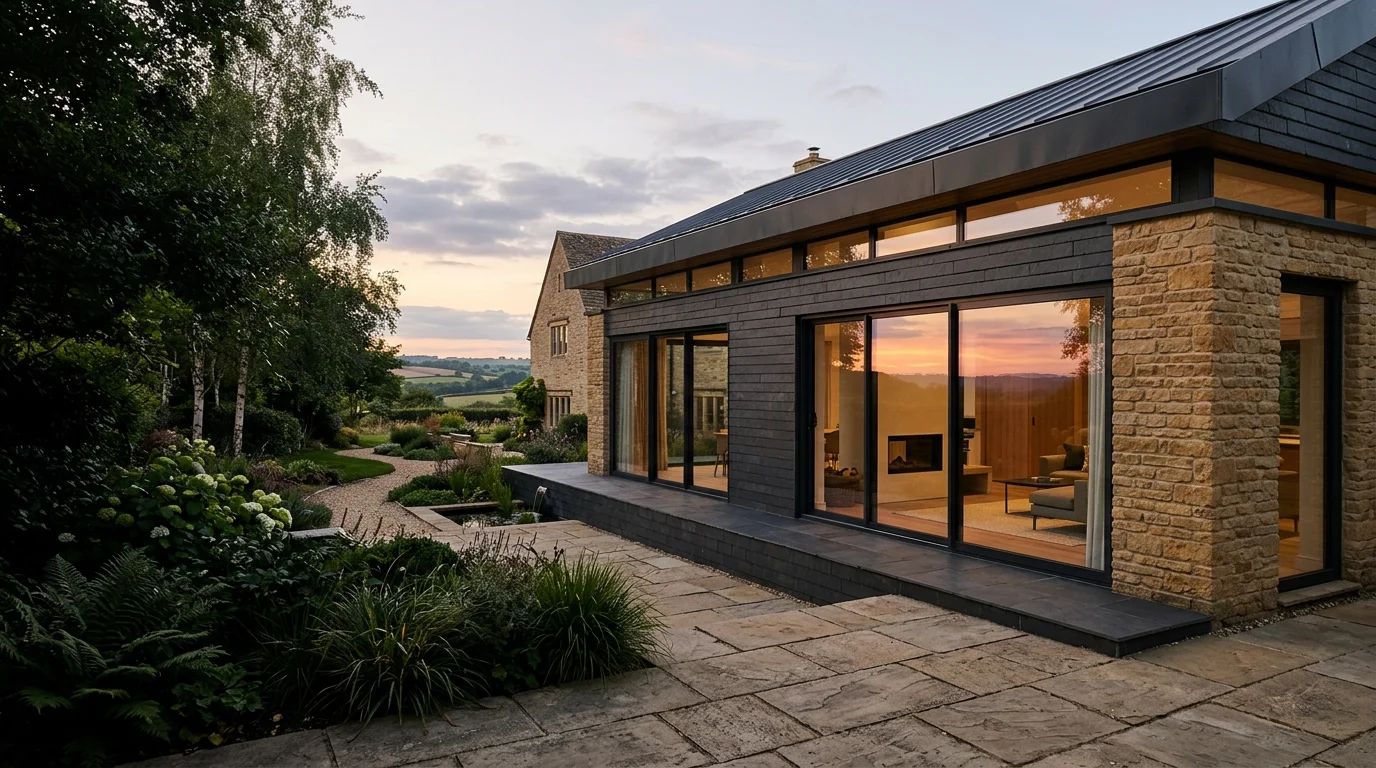 Contemporary stone and glass home with carefully finished landscaping