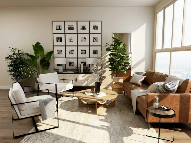 Light-filled renovated interior with natural materials